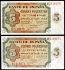 1938. Burgos. 5 pesetas. (Ed. D36a). 10 de agosto. Pareja correlativa, serie B. S/C-.