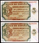 1938. Burgos. 5 pesetas. (Ed. D36a). 10 de agosto. Pareja correlativa, serie G, uno con ligero doblez en una esquina. (S/C-).