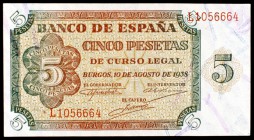 1938. Burgos. 5 pesetas. (Ed. D36a). 10 de agosto. Serie L. S/C.