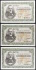 1940. 50 pesetas. (Ed. D38a). 9 de enero, Menéndez Pelayo. Lote de 3 billetes, serie D. EBC+.