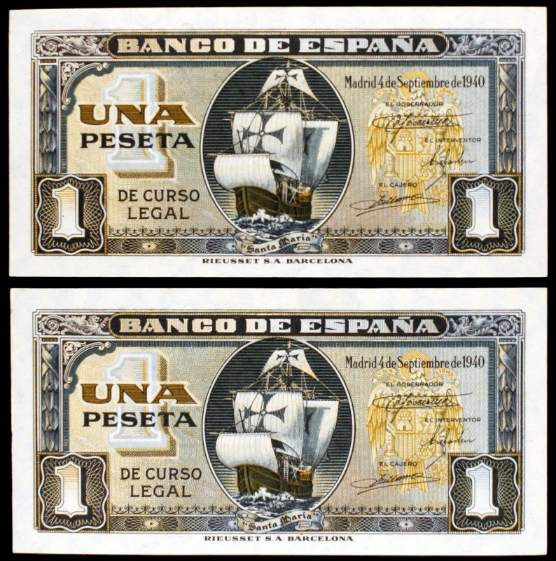 1940. 1 peseta. (Ed. D43a). 4 de septiembre, "Santa María". Pareja correlativa, ...