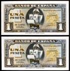 1940. 1 peseta. (Ed. D43a). 4 de septiembre, "Santa María". Pareja correlativa, serie G, uno con leve doblez en una esquina. S/C-/S/C.