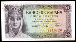 1943. 5 pesetas. Ed. D47). 13 de febrero, Isabel la Católica. Sin serie. Escaso. EBC+.