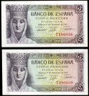 1943. 5 pesetas. (Ed. D47). 13 de febrero, Isabel la Católica. Pareja correlativa, sin serie, uno con leve doblez en una esquina. Escasos. (S/C-).
