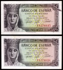 1943. 5 pesetas. (Ed. D47a). 13 de febrero, Isabel la Católica. Pareja correlativa, serie I, uno con leves manchitas. (S/C-).
