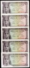 1943. 5 pesetas. (Ed. D47a). 13 de febrero, Isabel la Católica. Lote de 5 billetes: serie G, H y I (tres). EBC+/S/C-.