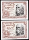1953. 1 peseta. (Ed. D66a). 22 de julio, Marqués de Santa Cruz. 2 billetes serie R, casi correlativos R2692840 y R2692844. S/C-.