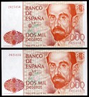 1980. 2000 pesetas. (Ed. E5). 22 de julio, Juan Ramón Jiménez. Pareja correlativa, sin serie. Con ligero doblez en una esquina. S/C-.