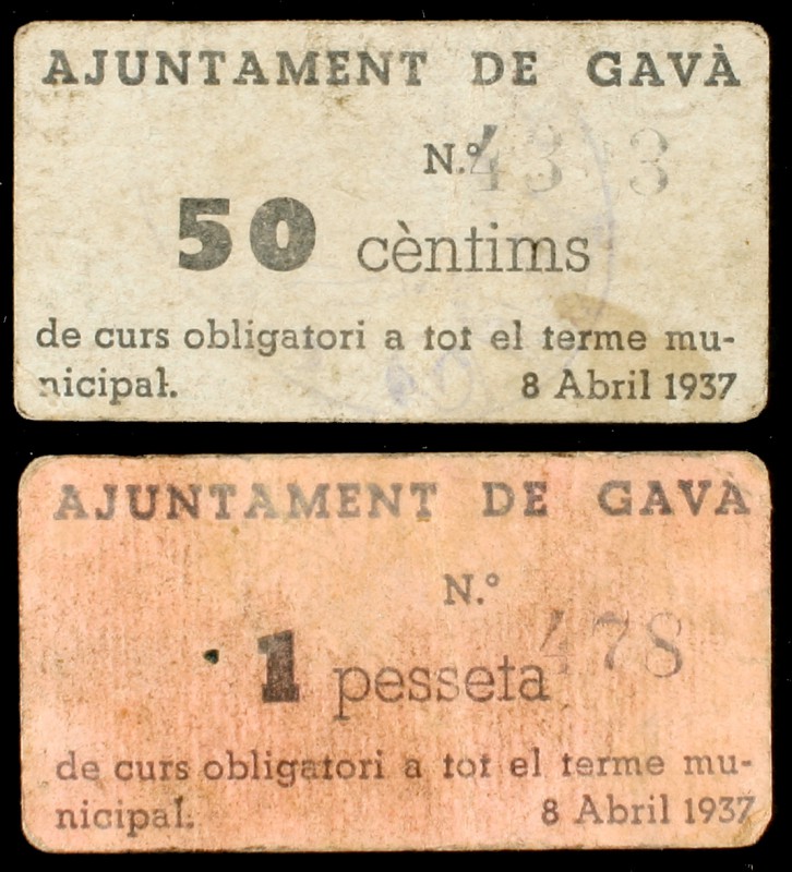 Gavà. 50 céntimos y 1 peseta. (T. 1278 y 1279c var). Lote de 2 cartones, serie c...