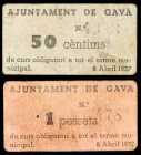 Gavà. 50 céntimos y 1 peseta. (T. 1278 y 1279c var). Lote de 2 cartones, serie completa. Escasos. MBC-.