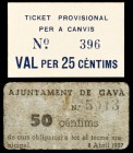 Gavà. 25 y 50 céntimos. (T. 1279a y 1280). Lote de 2 cartones. Raros. BC+/EBC-.