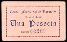 Navarcles. 1 peseta. (T. 1885). Cartón. Escaso. MBC-.
