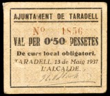 Taradell. 50 céntimos. (T. 2823). Cartón. Raro. MBC-.
