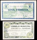 Lote de 2 billetes castellanos de la Guerra Civil: 25 céntimos de Binéfar y 1 peseta de Tamarite. Escasos así. EBC/EBC+.