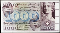 1957. Suiza. Banco Nacional. 1000 francos. (Pick 52b). 4 de octubre. Baile macabro en reverso. Manchita. Escaso. S/C-.