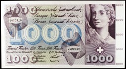 1958. Suiza. Banco Nacional. 1000 francos. (Pick 52c). 18 de diciembre. Baile macabro en reverso. Manchita. Raro. S/C-.