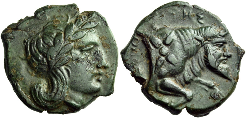 CAMPANIA. Neapolis. 325-320 BC. AE (Bronze, 18 mm, 5.27 g, 5 h). Laureate head o...