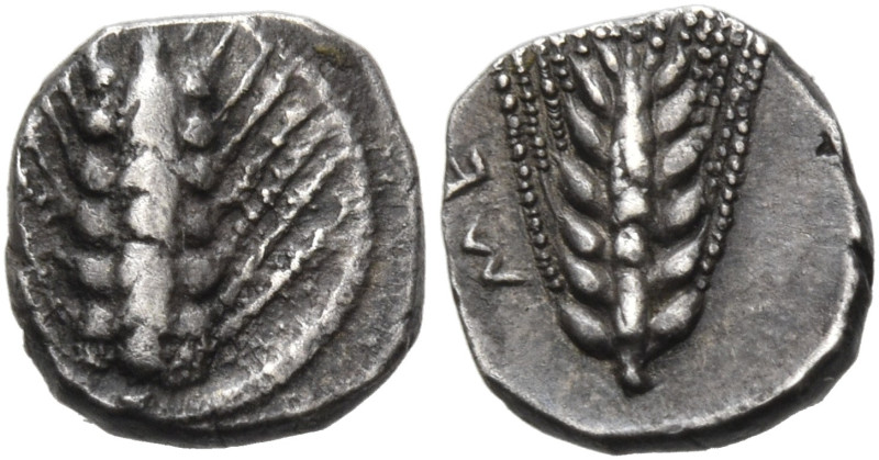 LUCANIA. Metapontum. Circa 440-430 BC. Obol (Silver, 8 mm, 0.45 g, 12 h). Ear of...