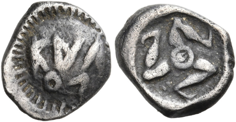 BRUTTIUM. Kaulonia. Circa 500-480 BC. Diobol (Silver, 10 mm, 0.85 g). ΚΑV-ΛΟ arr...