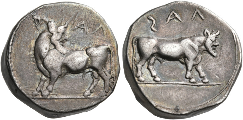 BRUTTIUM. Laos. Circa 480-460 BC. Stater (Silver, 17 mm, 8.00 g, 1 h). ϟΑΛ Man-f...