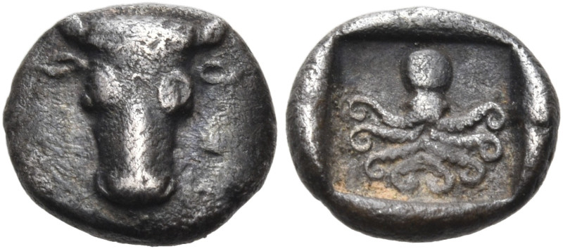 EUBOIA. Eretria. Circa 500-465 BC. Obol (Silver, 8.5 mm, 0.56 g, 12 h), with a t...