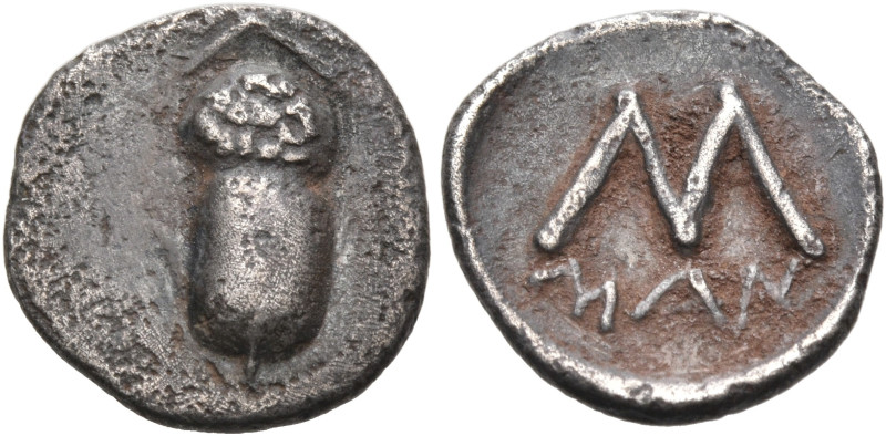 ARKADIA. Mantineia. Circa 420-385 BC. Obol (Silver, 11.5 mm, 0.83 g, 2 h). Acorn...