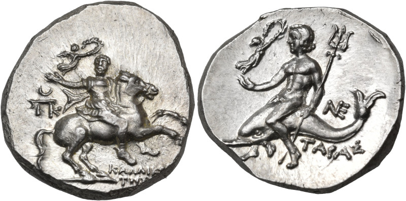 CALABRIA. Tarentum. Circa 240-228 BC. Didrachm or nomos (Silver, 21.5 mm, 6.45 g...