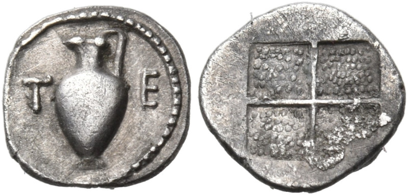 MACEDON. Terone. Circa 424-422 BC. Tetartemorion (Silver, 8 mm, 0.24 g). T-E Oin...