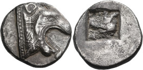 CYPRUS. Uncertain mint. Circa 525-500. Double Siglos (Silver, 22.5 mm, 10.20 g), uncertain King A.... possibly of Kourion. Head of a lion with open ja...