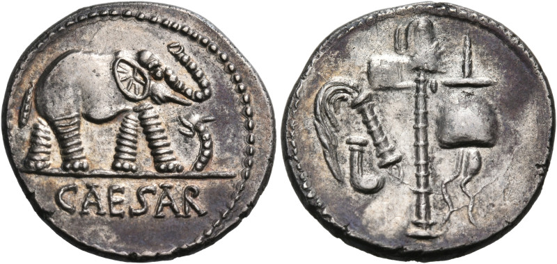 Julius Caesar, 49-48 BC. Denarius (Silver, 18 mm, 3.14 g, 1 h), mint moving with...