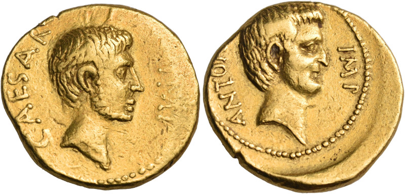 The Triumvirs. Mark Antony and Octavian, 39 BC. Aureus (Gold, 20 mm, 8.12 g, 6 h...