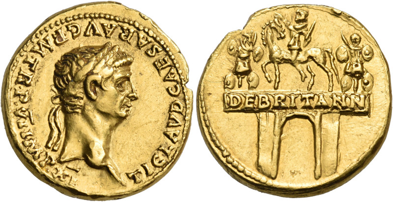 Claudius, AD 41-54. Aureus (Gold, 19 mm, 7.80 g, 11 h), on the Roman triumphs in...