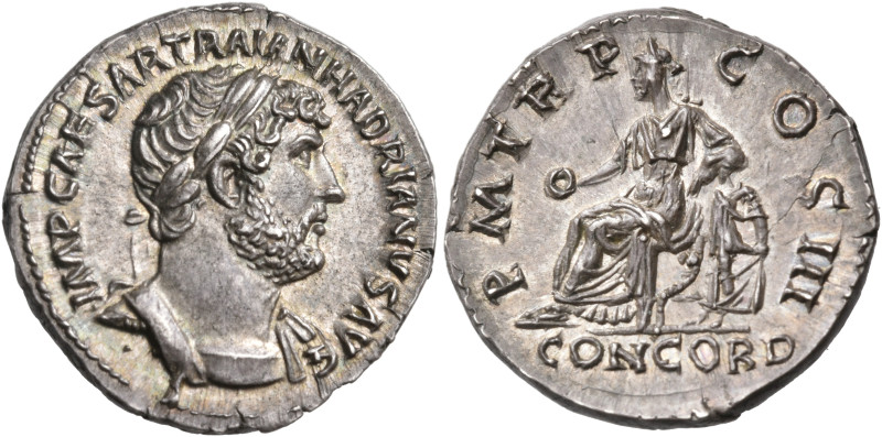 Hadrian, 117-138. Denarius (Silver, 19 mm, 3.65 g, 6 h), Rome, late 121-123. IMP...