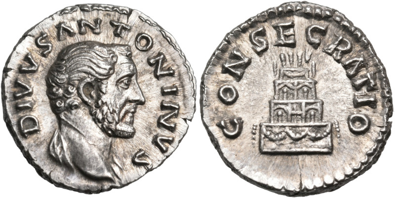 Divus Antoninus Pius, died 161. Denarius (Silver, 18 mm, 3.26 g, 5 h), Rome, str...