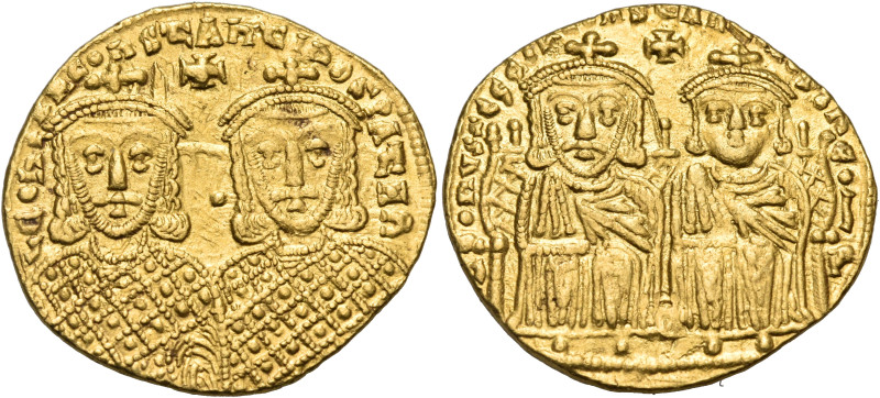 Constantine VI, with Leo III, Constantine V, and Leo IV, 780-797. Solidus (Gold,...