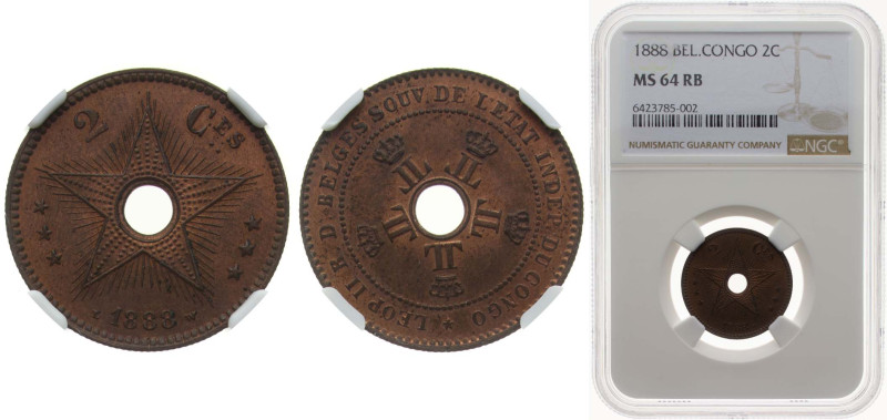 Belgium Belgian Congo Free State 1888 2 Centimes - Léopold II Copper 4g NGC MS 6...