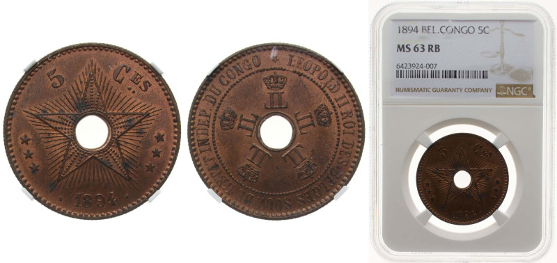 Belgium Belgian Congo Free State 1894 5 Centimes - Léopold II Copper (150000) 10...