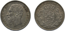 Belgium Kingdom 1869 5 Francs - Léopold II (small head) Silver (.900) (10% copper) Brussels Mint (12657542) 25g UNC KM 24 LA BFM-127