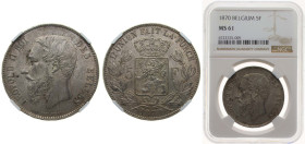 Belgium Kingdom 1870 5 Francs - Léopold II (small head) Silver (.900) (10% copper) Brussels Mint (10468075) 25g NGC MS 61 KM 24 LA BFM-127