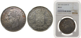 Belgium Kingdom 1871 5 Francs - Léopold II (small head) Silver (.900) (10% copper) Brussels Mint (4783434) 25g NGC MS 61 KM 24 LA BFM-127