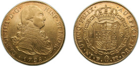 Bolivia Spanish colony 1798 PTS PP 8 Escudos - Carlos IV Gold (.875) Potosi Mint 27g UNC KM 81