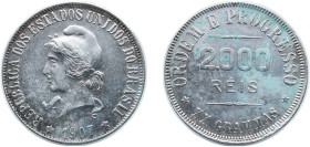 Brazil Republic of the United States of Brazil 1907 2000 Réis Silver (.900) Rio de Janeiro Mint (2683000) 20g AU KM 508