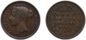 British Malaysia Straits Settlements British colony 1862 1 Cent - Victoria Copper Kolkata / Calcutta / Murshidabad Mint (9320610) 9.1g VF KM 6