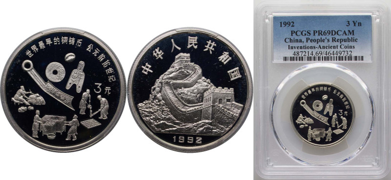 China People's Republic of China 1992 3 Yuan (Ancient Chinese Coins; Silver Bull...