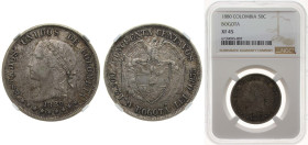 Colombia United States of Colombia 1880 BOGOTA 50 Centavos Silver (.835) Bogota Mint (1249000) 12.5g NGC XF 45 KM 177 Hernández 494