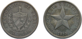 Cuba First Republic 1915 1 Peso Silver (.900) (silver 90%, copper 10%) Philadelphia Mint (1976000) 26.73g VF KM 15 Y 9