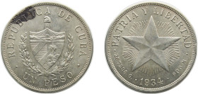 Cuba First Republic 1934 1 Peso Silver (.900) (silver 90%, copper 10%) Philadelphia Mint (3000000) 26.73g AU KM 15 Y 9