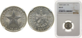Cuba First Republic 1949 10 Centavos Silver (.900) (silver 90%, copper 10%) Philadelphia Mint (9880000) 2.5g NGC MS 65 KM A12 Y 6