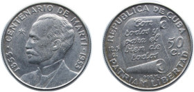 Cuba First Republic 1953 50 Centavos (José Martí) Silver (.900) (silver 90%, copper 10%) Philadelphia Mint (2000000) 12.5g AU KM 28 Y 22