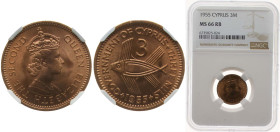 Cyprus British crown colony 1955 3 Mils - Elizabeth II (1st portrait) Bronze Royal Mint (Tower Hill) (6250000) 2.83g NGC MS 66 RB KM 33
